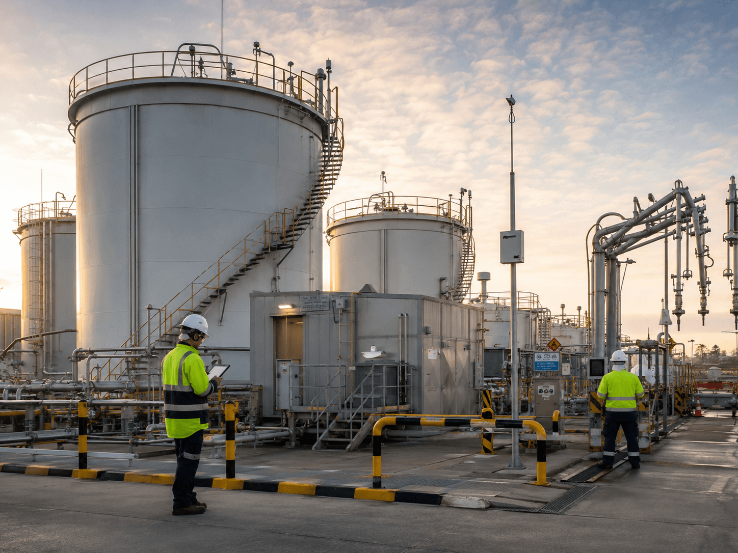 Stationary tank installation at golden hour, with on-site engineers reviewing the system